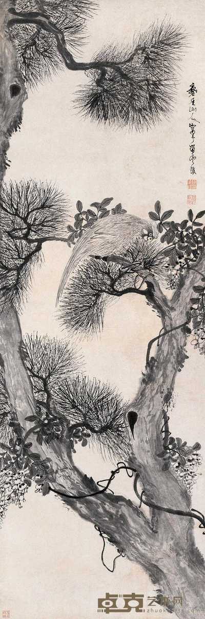 陈率祖 松藤鹦鹉 立轴 128×43cm